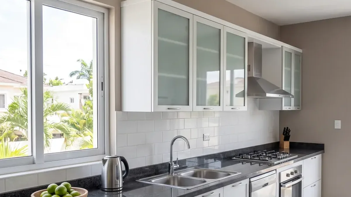 Cocina con gabinetes altos de aluminio y puertas de vidrio esmerilado