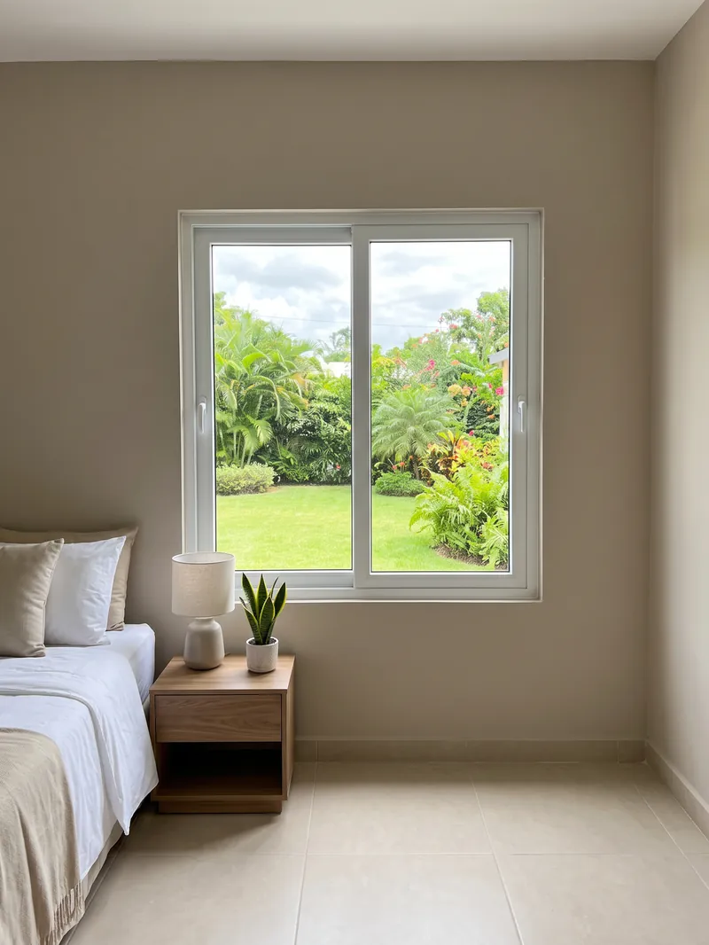 Ventana corrediza de aluminio blanco instalada en una habitación