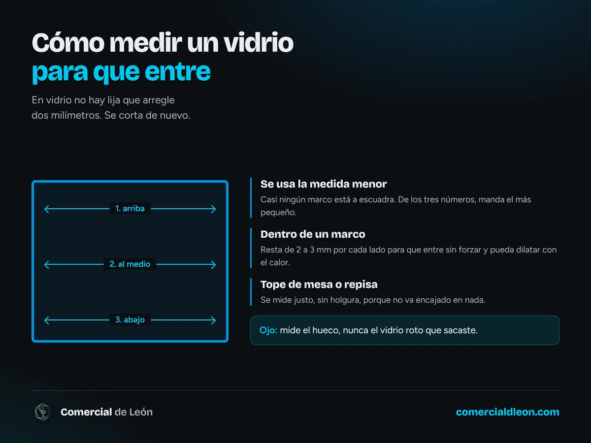 Cómo medir un vidrio a la medida: se toma el ancho arriba, al medio y abajo, y se usa la medida menor