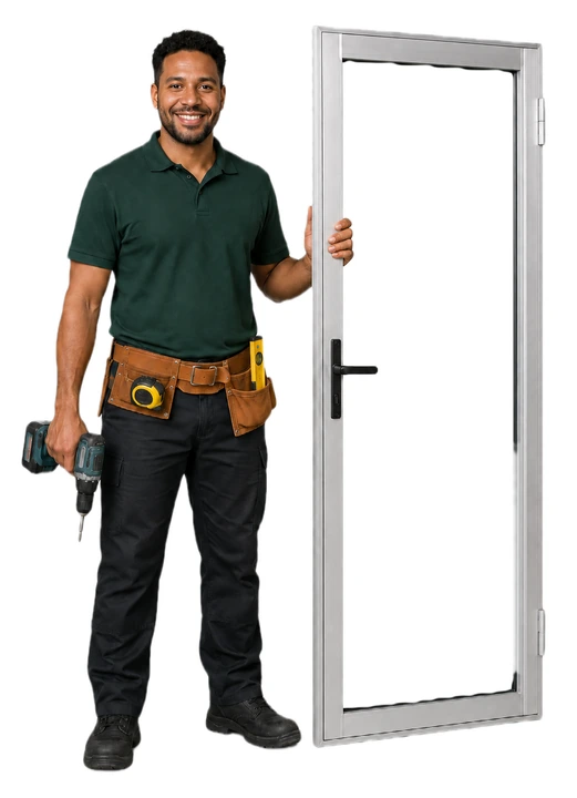 Técnico de Comercial de León con su cinturón de herramientas sosteniendo una puerta de aluminio y vidrio